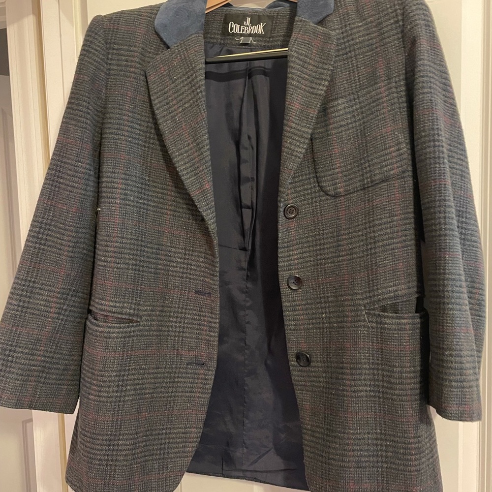 JL Colebrook single breasted plaid blazer jacket w suede collar. Sz 12